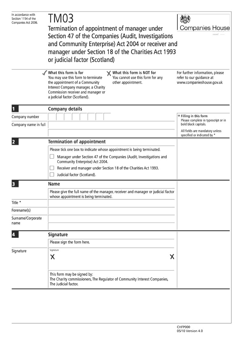 TM03 Termination of appointment of manager under Section 47 of the Companies Audit Investigations and Community Enterprise Act 2004 or receiver and manager under Section 18 of the Charities Act 1993 or judicial factor Scotland Section 1154 preview