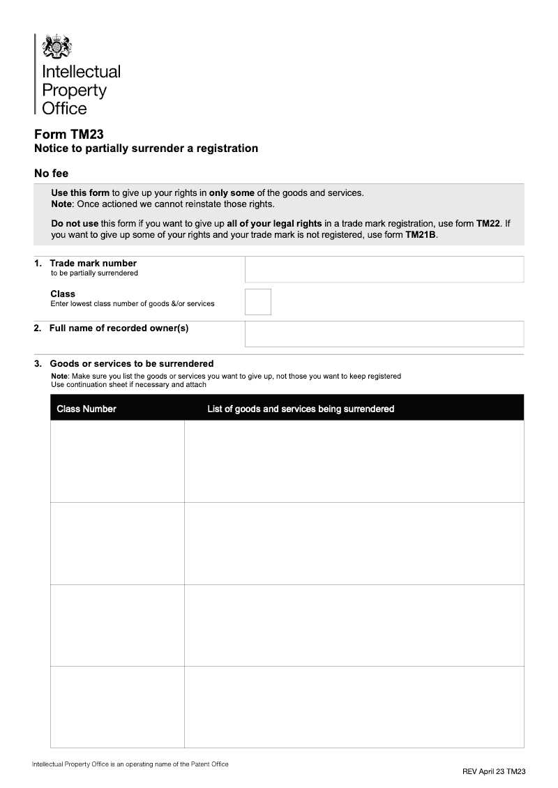 TM23 Notice to partially surrender a registration preview