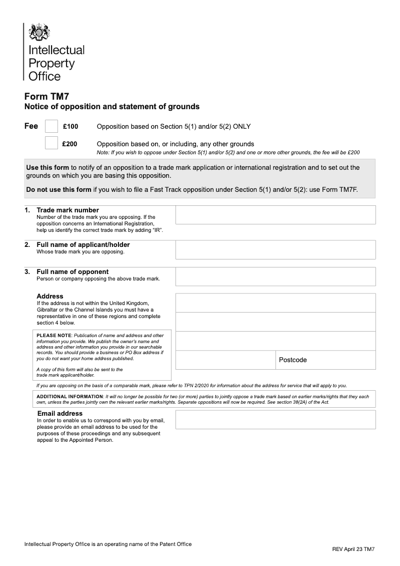 TM7 Notice of opposition and statement of grounds Whole form including sections A B C D and E preview