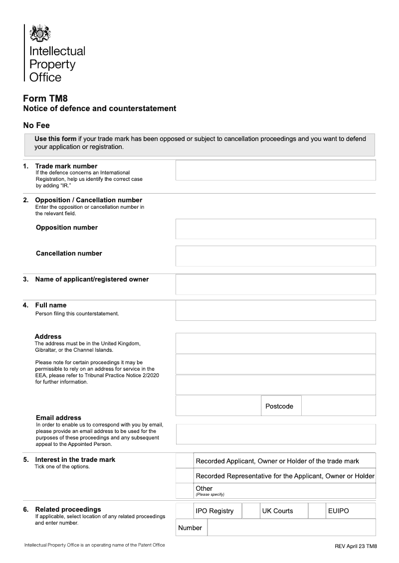 TM8 Notice of defence and counterstatement preview