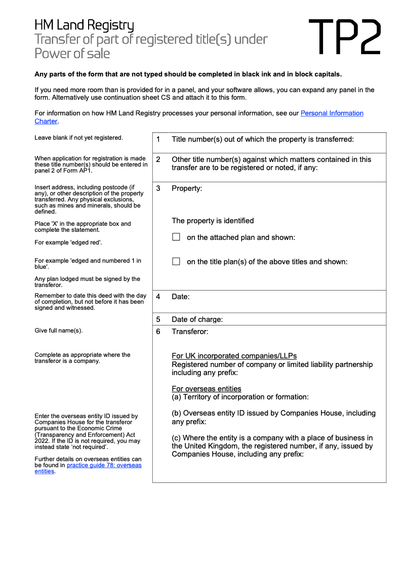 TP2 Transfer of part of registered title s under power of sale preview