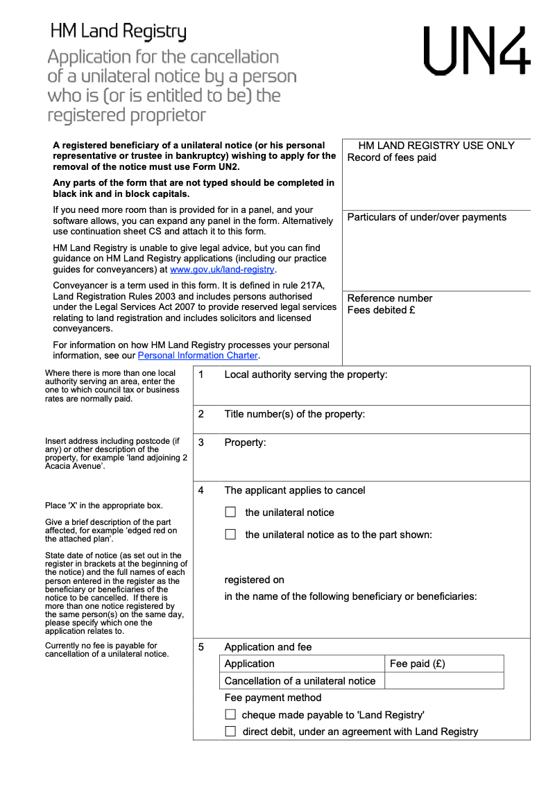 UN4X Application for the cancellation of a unilateral notice by a person who is or entitled to be the registered proprietor Word Version preview